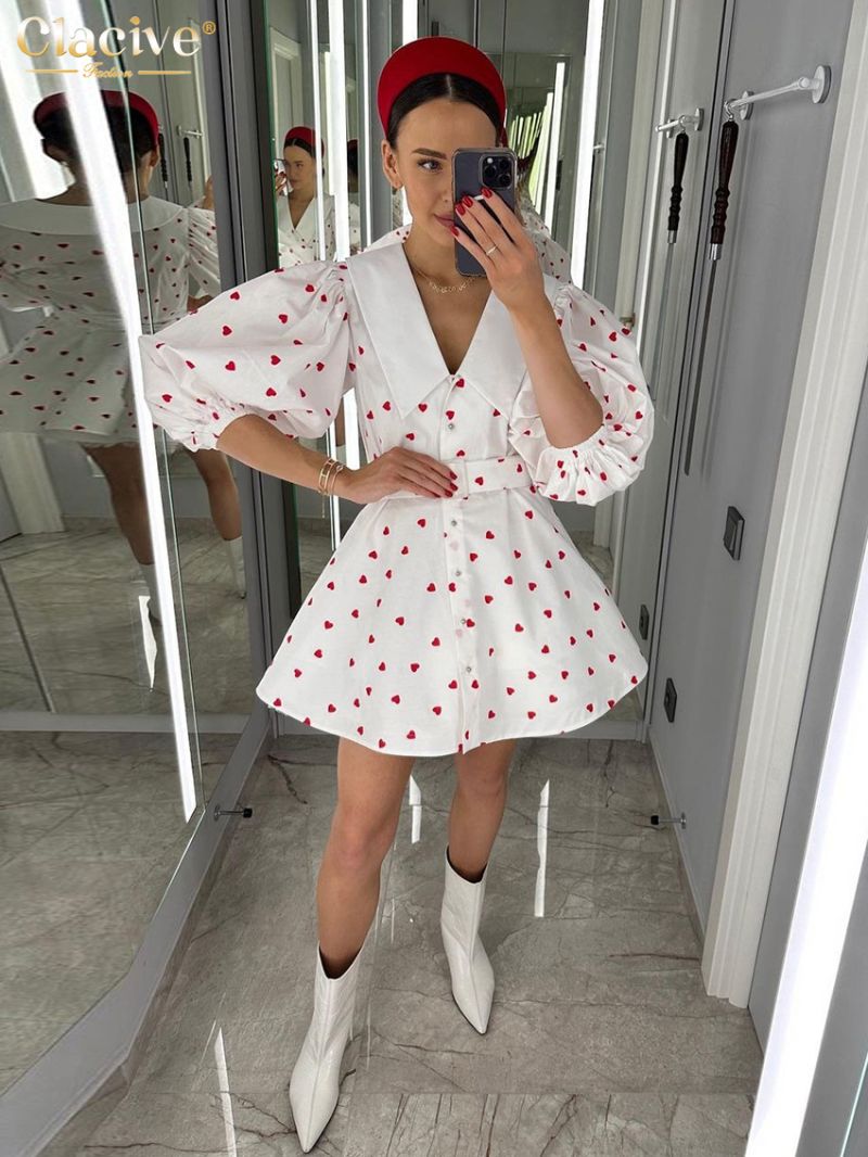 Clacive Summer Loose Love Print Women'S Dress 2024 Fashion Lapel Half Sleeve Mini Dresses Elegant High Waist Belt Female Dress