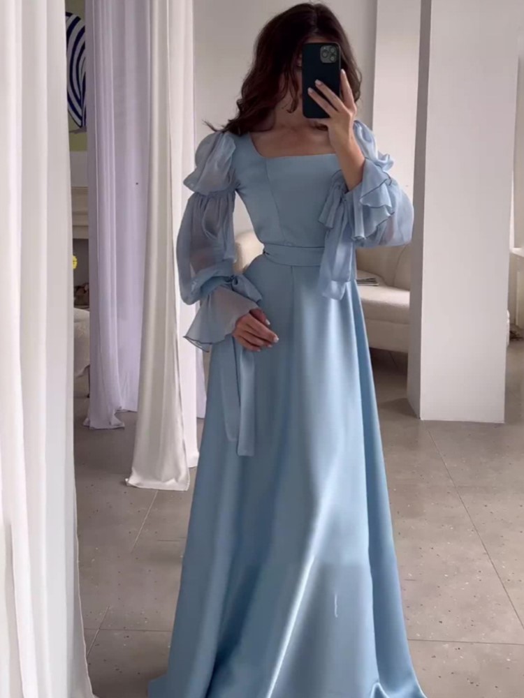 Elegant Autumn Princess Long Dresses for Women Square Collar Flare Sleeve High Waist A-line Party Dress Prom Robe Vestidos New