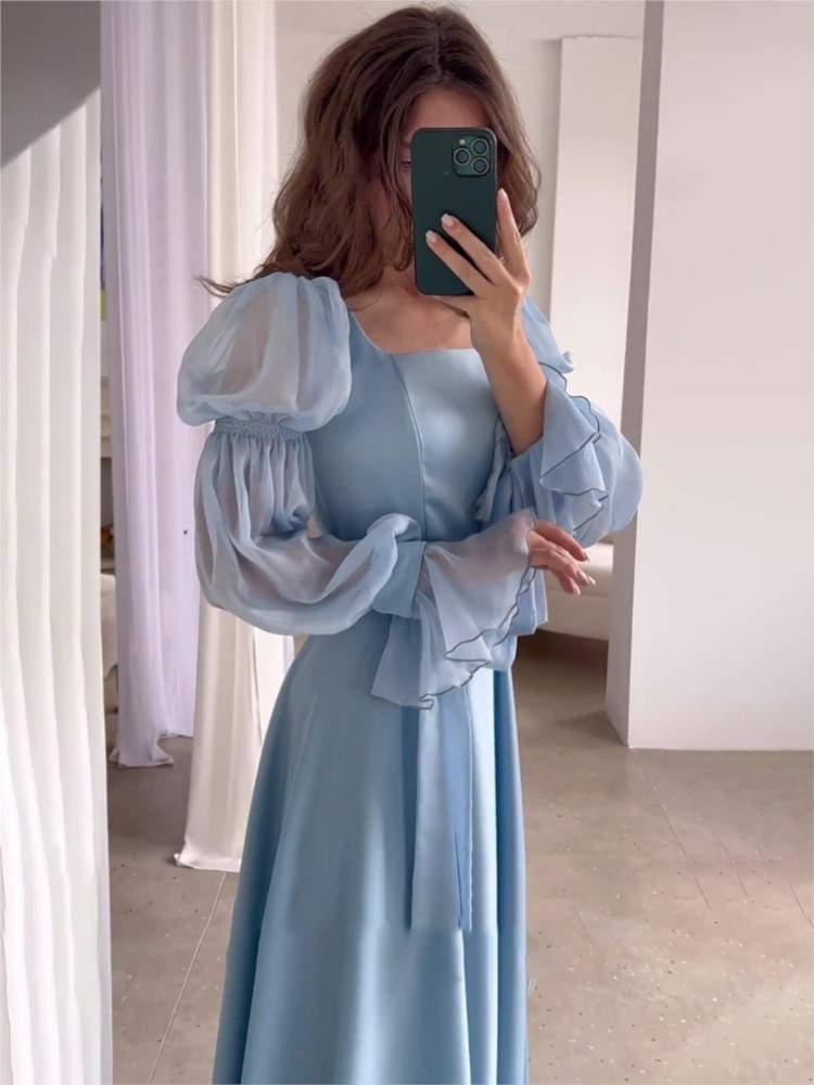 Elegant Autumn Princess Long Dresses for Women Square Collar Flare Sleeve High Waist A-line Party Dress Prom Robe Vestidos New