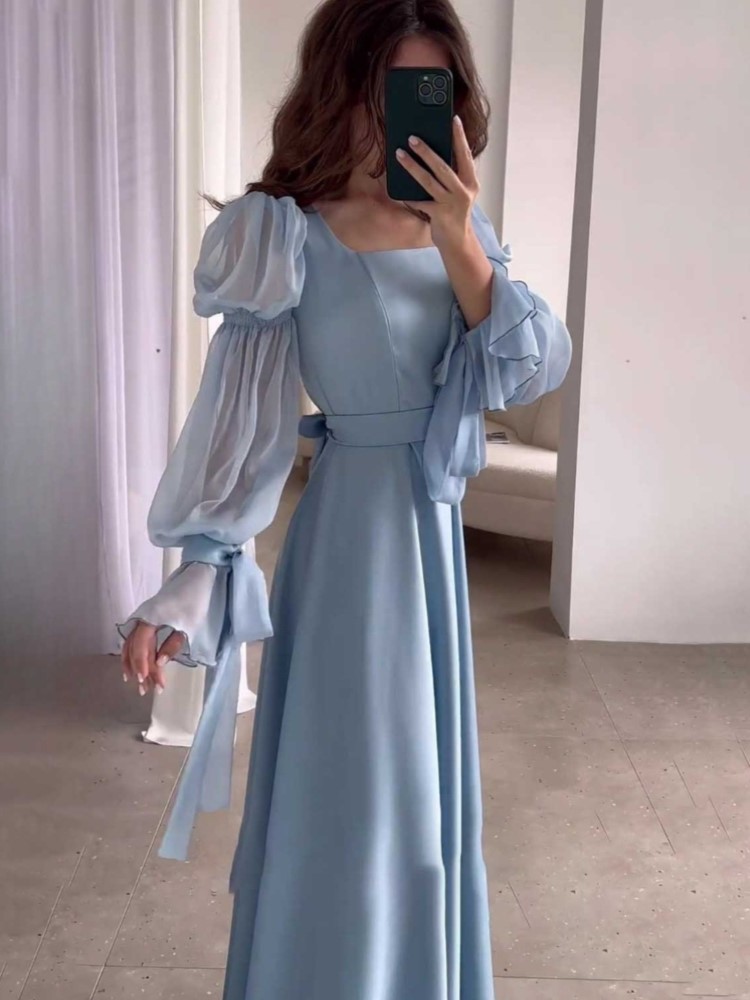 Elegant Autumn Princess Long Dresses for Women Square Collar Flare Sleeve High Waist A-line Party Dress Prom Robe Vestidos New