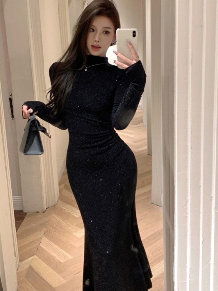 Women's Black Bodycon Dress Long Sleeves Turtleneck Slim Waist Mermaid Diamonds Evening Party Dresses Korean Autumn Vestidos New