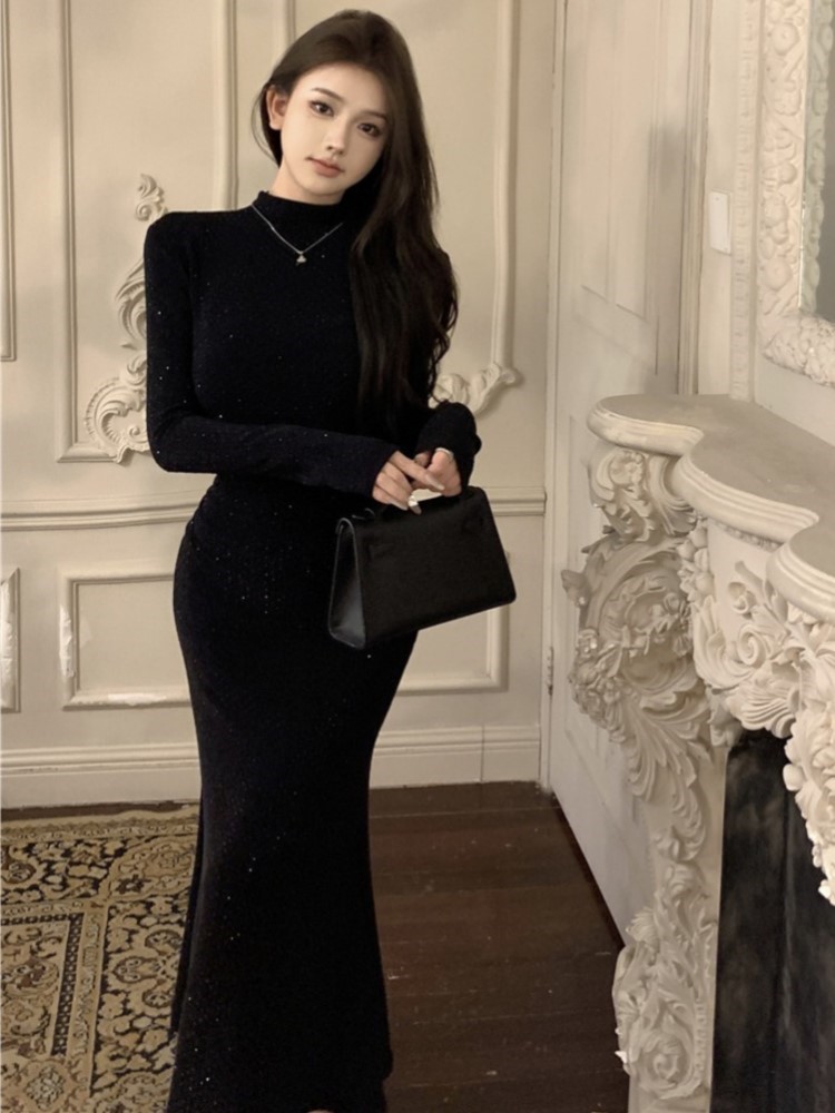 Women's Black Bodycon Dress Long Sleeves Turtleneck Slim Waist Mermaid Diamonds Evening Party Dresses Korean Autumn Vestidos New