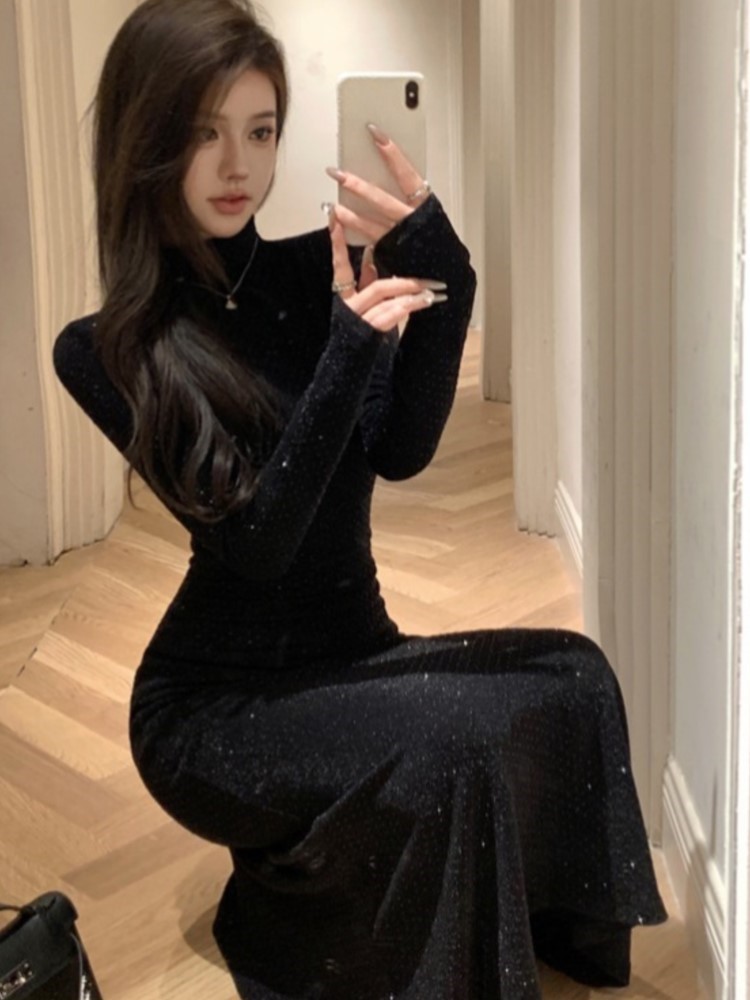 Women's Black Bodycon Dress Long Sleeves Turtleneck Slim Waist Mermaid Diamonds Evening Party Dresses Korean Autumn Vestidos New