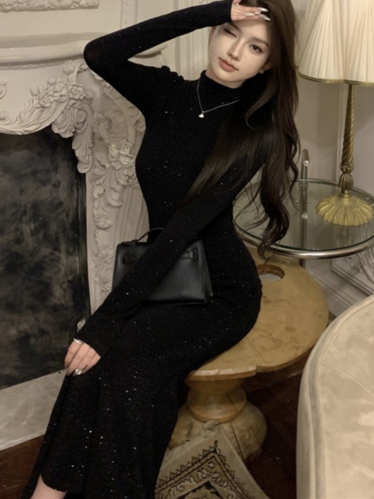 Women's Black Bodycon Dress Long Sleeves Turtleneck Slim Waist Mermaid Diamonds Evening Party Dresses Korean Autumn Vestidos New