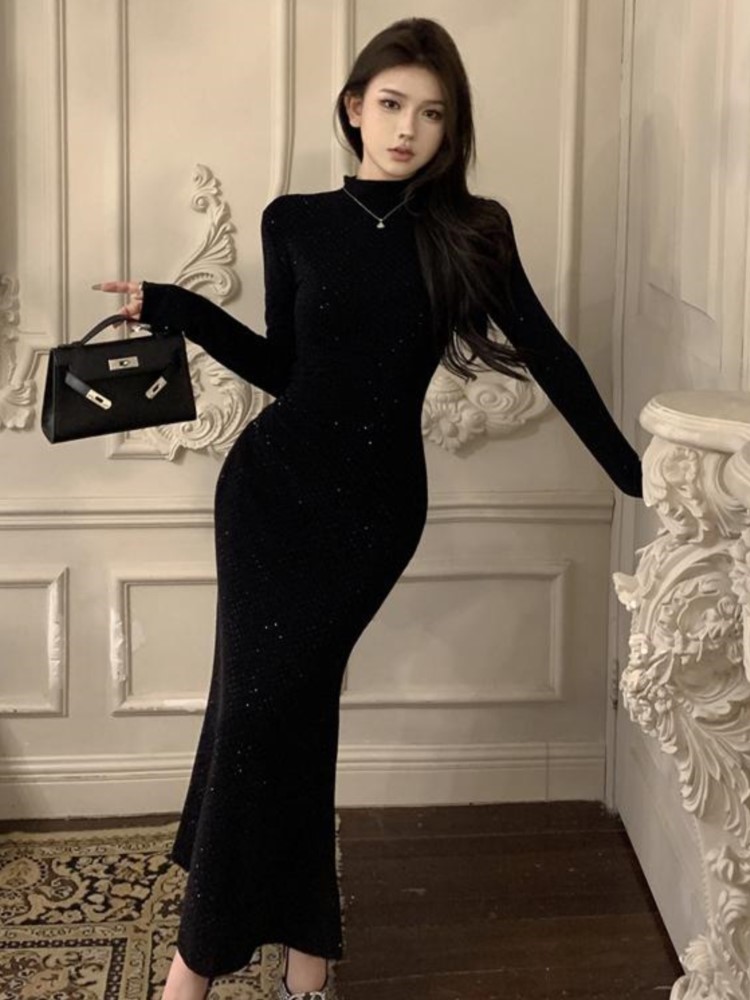 Women's Black Bodycon Dress Long Sleeves Turtleneck Slim Waist Mermaid Diamonds Evening Party Dresses Korean Autumn Vestidos New