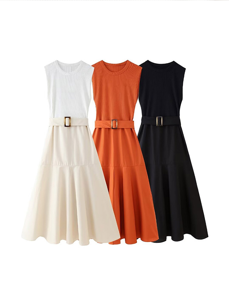 Women Elegant Solid Round Neck Sleeveless A-line Dress Fashion Spliced Hem With Belt Long Dresses Summer Commute Street Vestidos