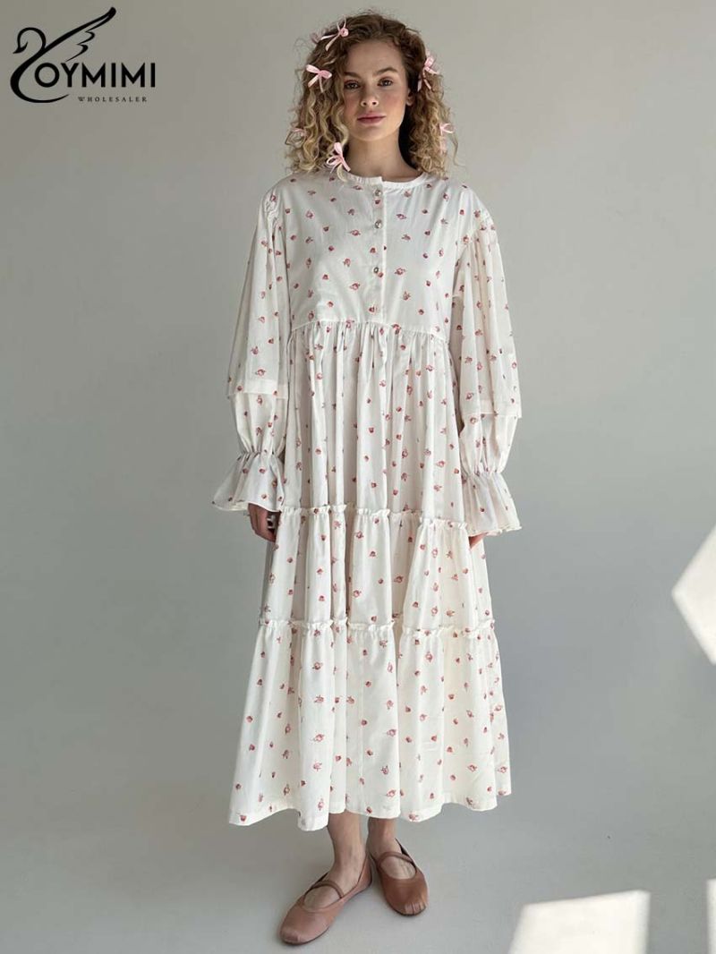 Oymimi Elegant White Print Dresses For Women Fashion Long Sleeve O-Neck Single Breasted Dresses Casual Pleated Mid-Calf Dress