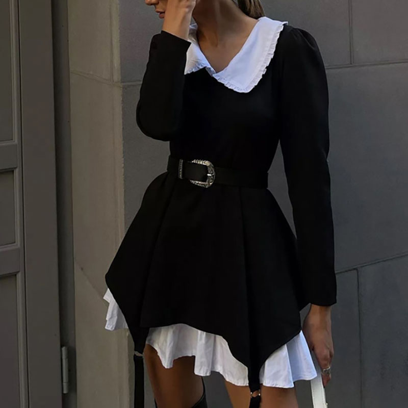 Fashion Color Blocked Waist Party Dress Casual Design Fake Two Piece Dress New Elegant Peter Pan Collar Long Sleeve A-line Dress