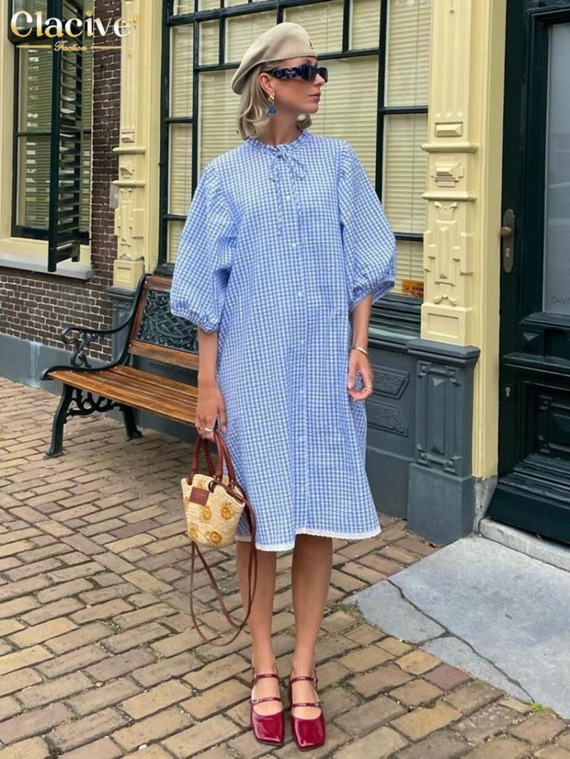 Clacive Fashion Loose Blue Plaid Women's Dress 2024 Casual O-Neck Half Sleeve Midi Dresses Elegant Classic Lace-Up Female Dress