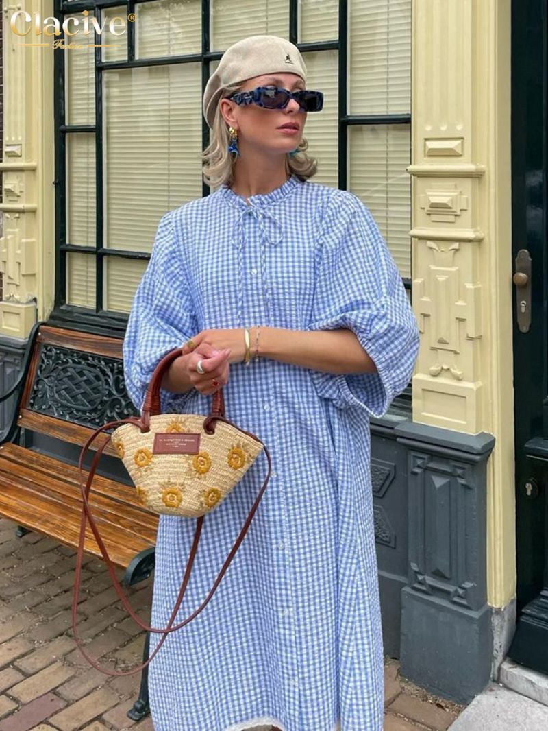 Clacive Fashion Loose Blue Plaid Women's Dress 2024 Casual O-Neck Half Sleeve Midi Dresses Elegant Classic Lace-Up Female Dress