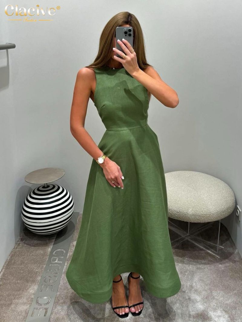 Clacive Casual Green Cotton Women'S Dress Summer O-Neck Sleeveless Ankle Length Dresses Elegant Classic High Waist Female Dress