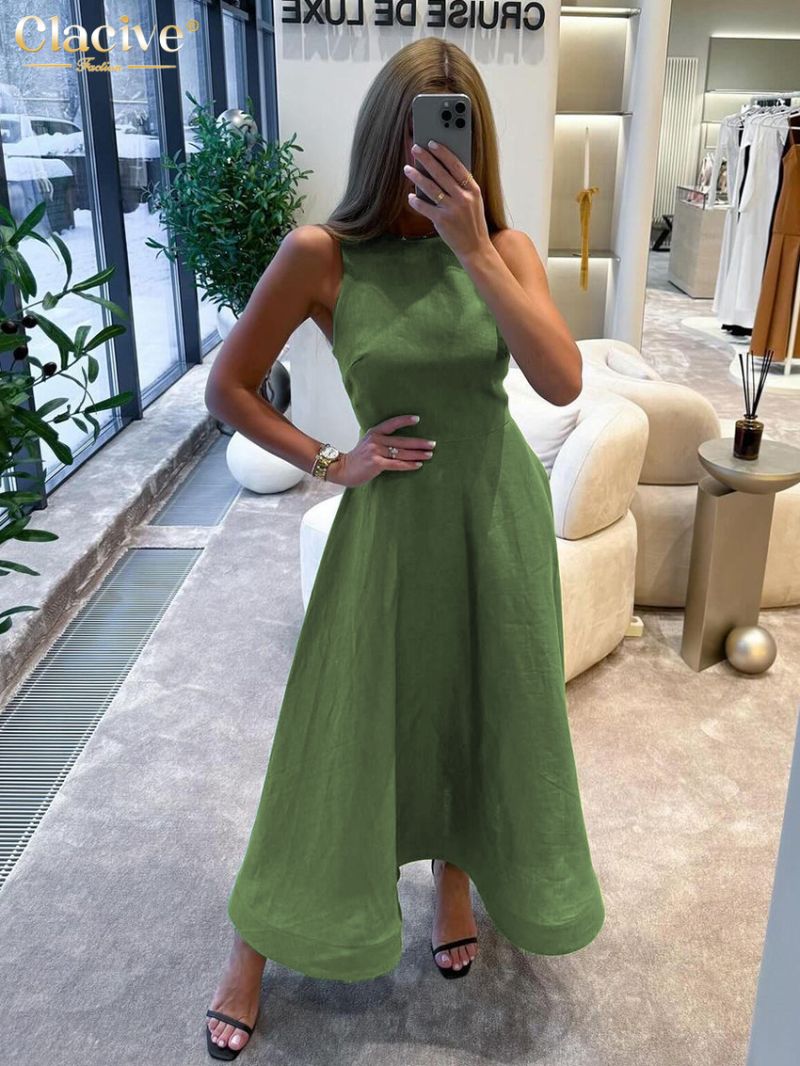 Clacive Casual Green Cotton Women'S Dress Summer O-Neck Sleeveless Ankle Length Dresses Elegant Classic High Waist Female Dress