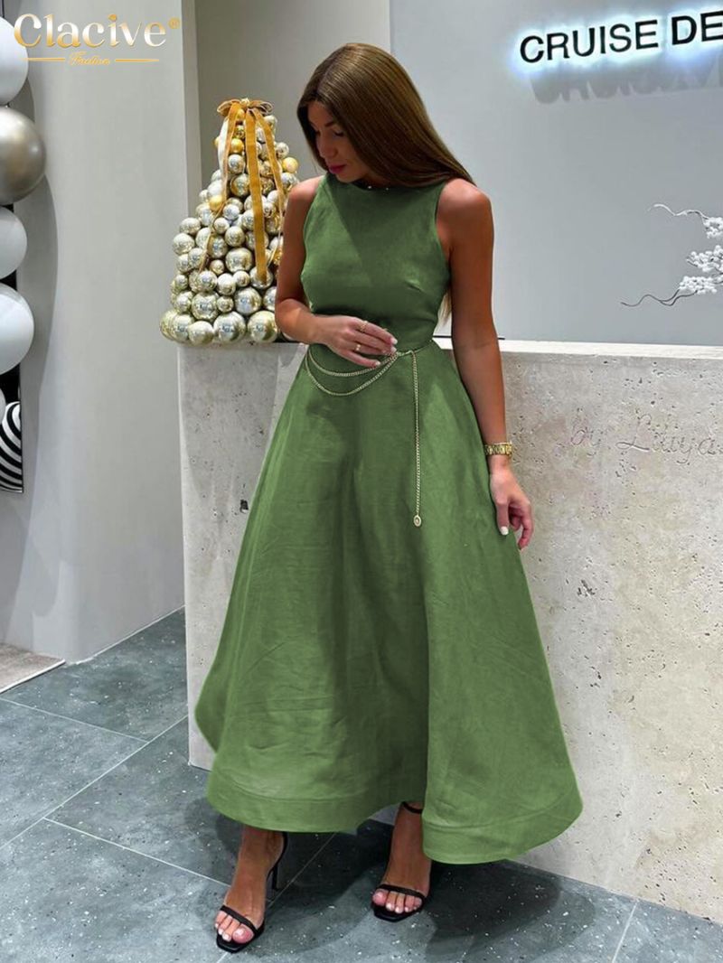 Clacive Casual Green Cotton Women'S Dress Summer O-Neck Sleeveless Ankle Length Dresses Elegant Classic High Waist Female Dress