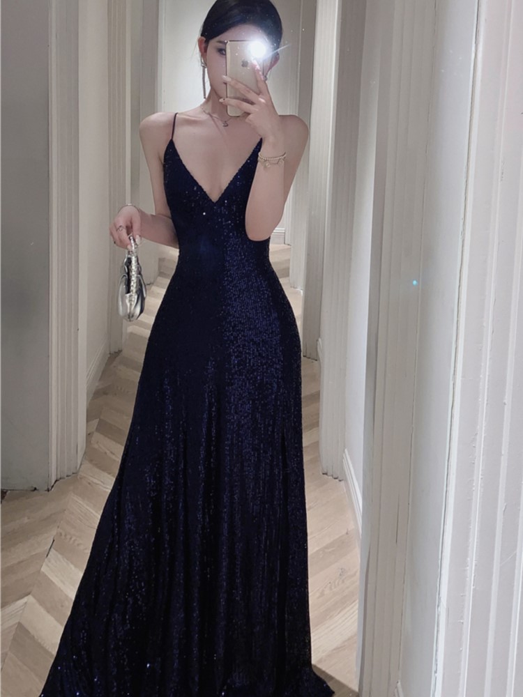 Sexy Backless Evening Party Long Dresses for Women V-Neck Split Slim Spring Summer Luxury Sequins Prom Robe Birthday Vestido New