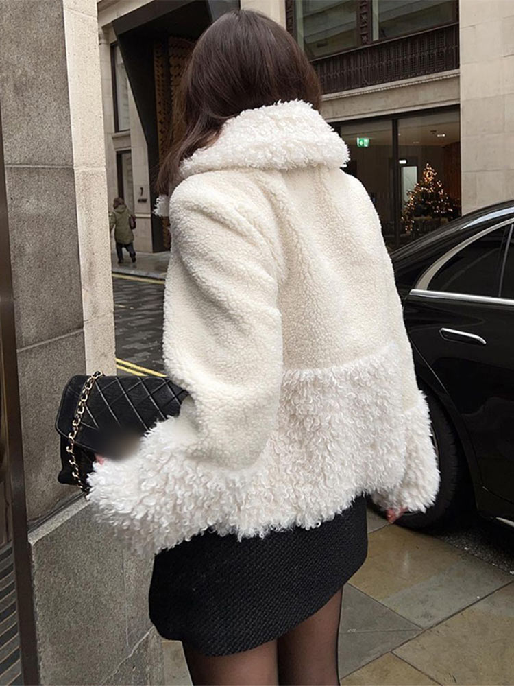 2024 Winter New White Patchwork Fleece Single Breasted Short Jacket Women Laple Long Sleeve Warm Coat Lady High Street Outerwear