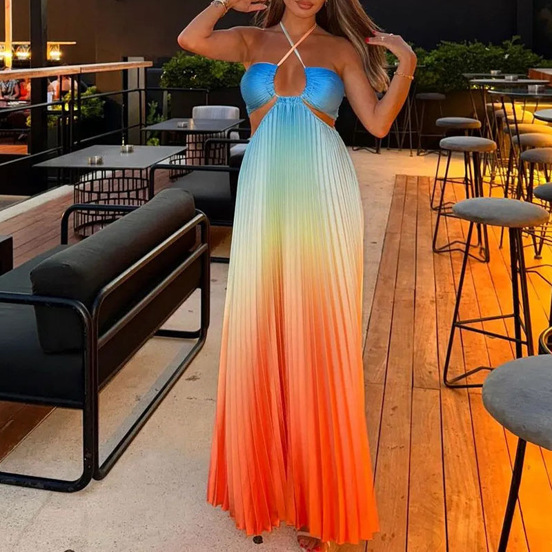 Summer Hollow Halter Pleated Holiday Dress Casual Gradient Print High Waist Party Long Dress Female Sleeveless Slim Beach Dress