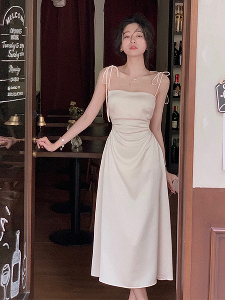 Sexy Satin Midi Dress Women Spaghetti Strap Backless Summer Holiday Slim Vintage Wedding Prom Robe One Piece Vestidos Mujer New