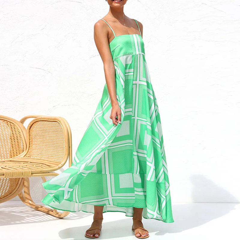 Casual Floral Print Pleated Long Dress Elegant Slash Neck High Waist Beach Dress 2024 Summer Off Shoulder Spaghetti Strap Dress