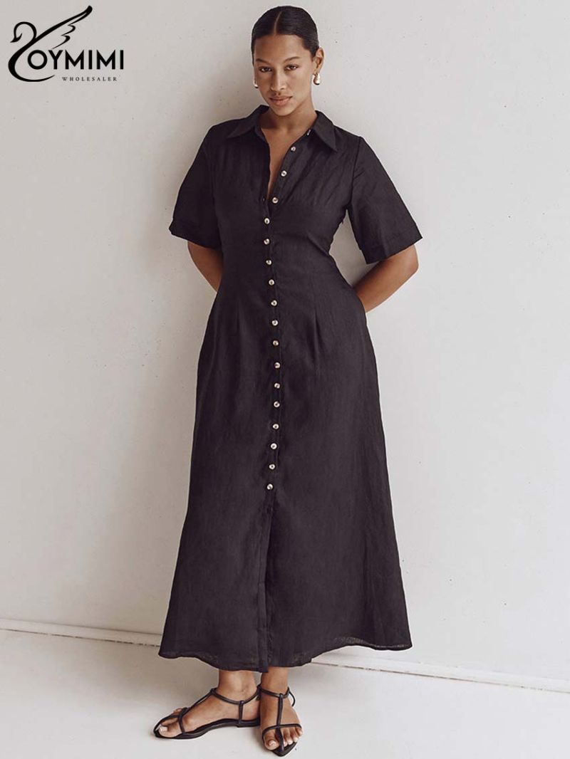 Oymimi Casual Black Cotton Women's Dress Elegant Short Sleeve Lapel Dresses Streetwear Summer Single Breasted Ankle-Length Dress