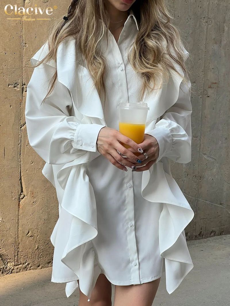 Clacive Casual Loose White Dress Lady Elegant Lapel Long Sleeve Office Mini Dress Fashion Ruffle Classic Dresses For Women 2023