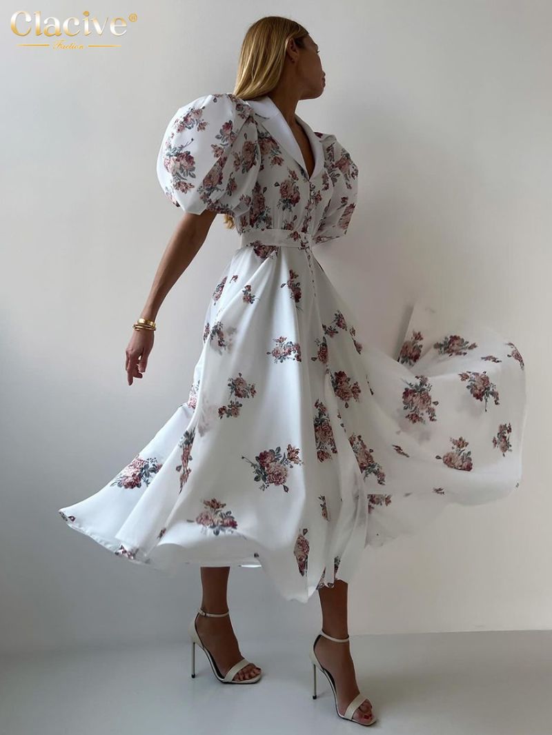 Clacive Summer Loose Print Women's Dress Casual Lapel Short Sleeve Ankle Length Dresses Elegant Classic High Waist Female Dress