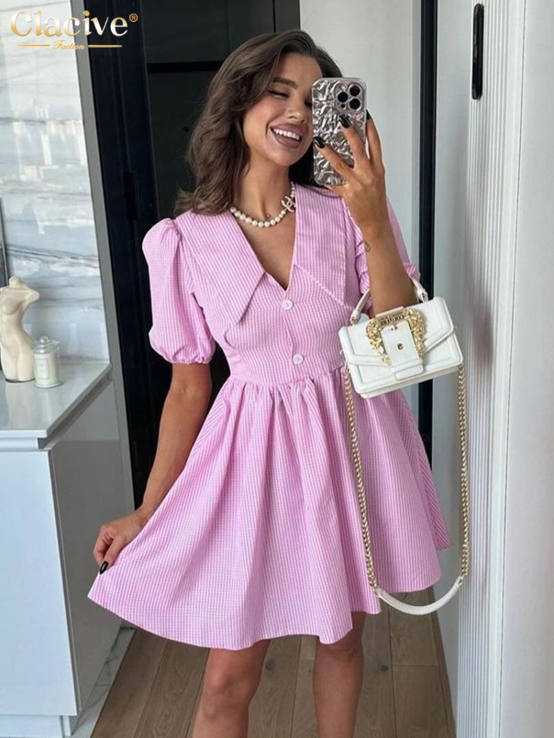 Clacive Fashion Loose Blue Plaid Women Dress 2024 Summer Lapel Short Sleeve Mini Dresses Elegant High Waist Pleated Female Dress