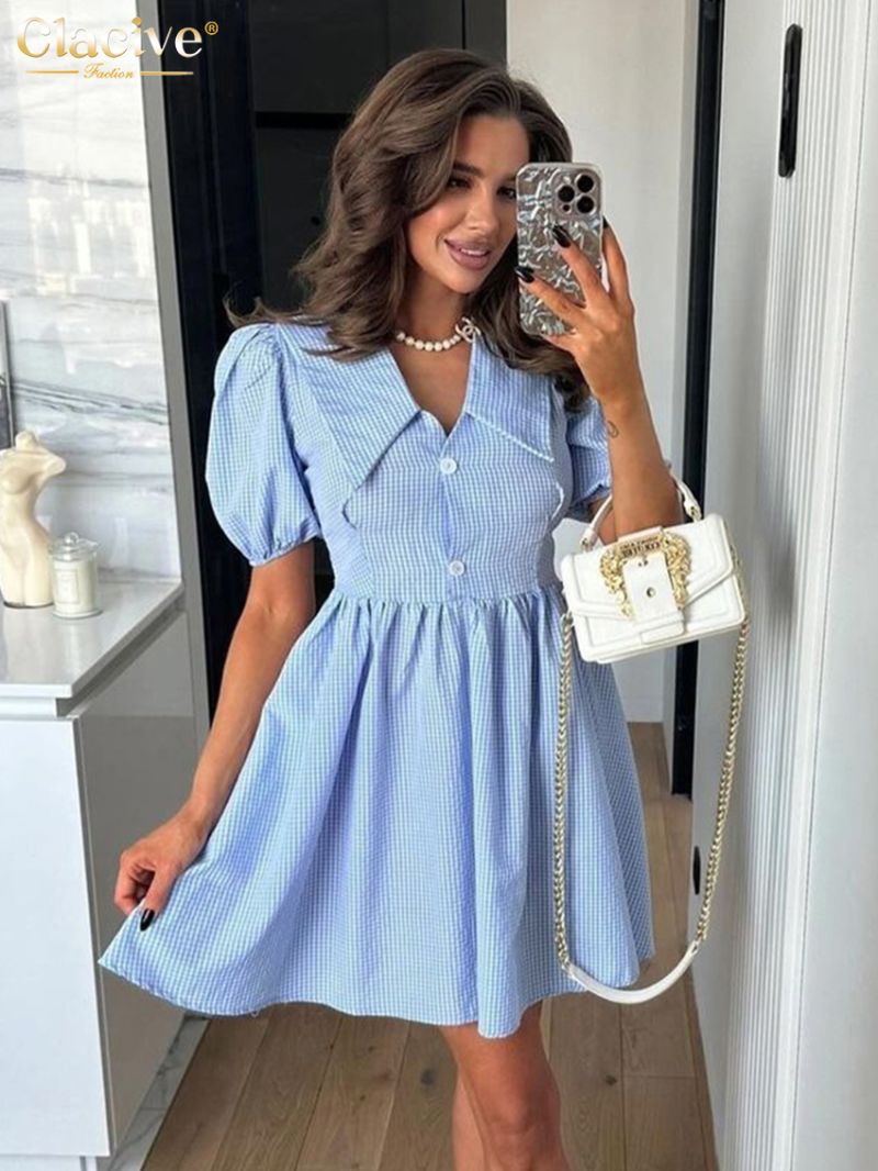 Clacive Fashion Loose Blue Plaid Women Dress 2024 Summer Lapel Short Sleeve Mini Dresses Elegant High Waist Pleated Female Dress