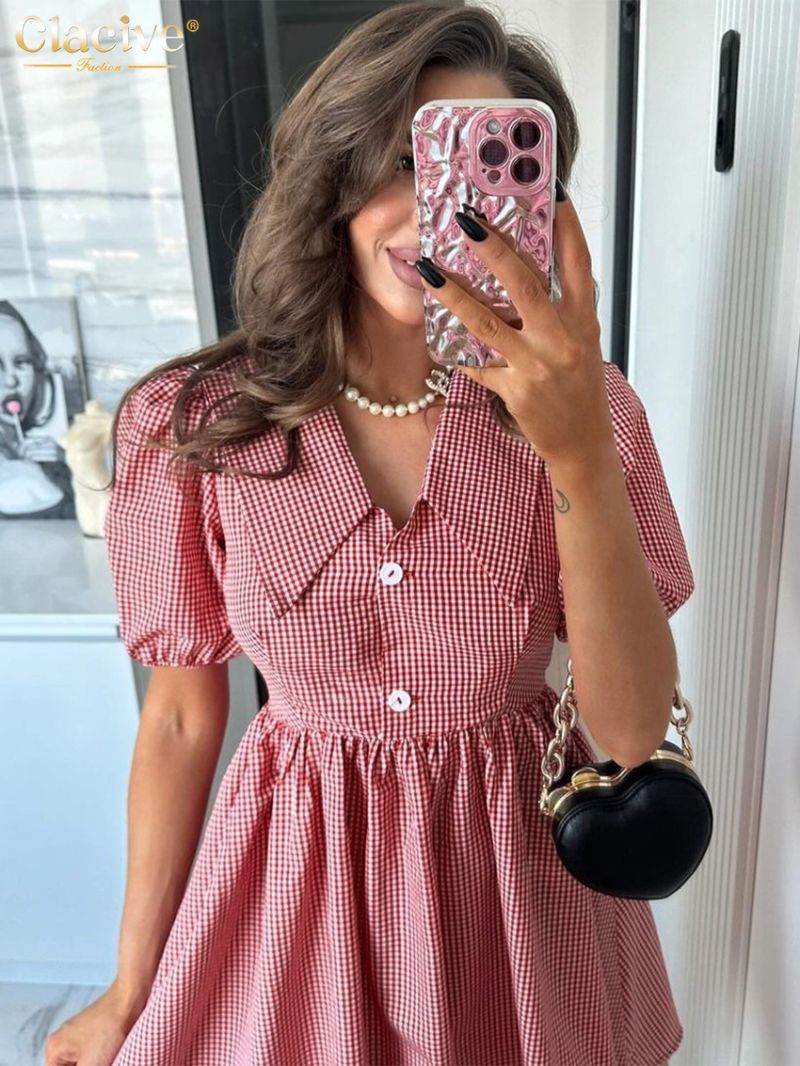 Clacive Fashion Loose Blue Plaid Women Dress 2024 Summer Lapel Short Sleeve Mini Dresses Elegant High Waist Pleated Female Dress