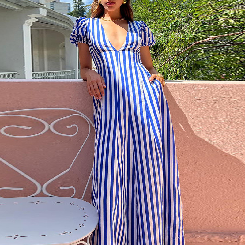 Sexy Deep V Pocket Swing Party Dress Women's Casual Puff Sleeves High Waist Dress Fashion Stripe Printed Slim Long Dress Vestido