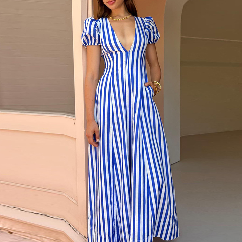 Sexy Deep V Pocket Swing Party Dress Women's Casual Puff Sleeves High Waist Dress Fashion Stripe Printed Slim Long Dress Vestido