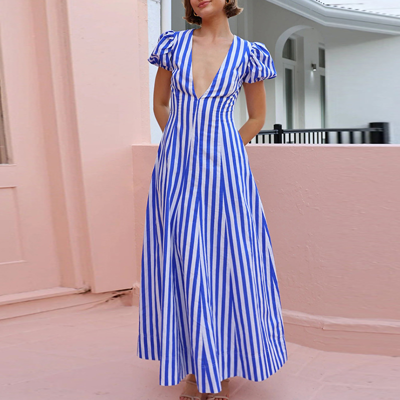 Sexy Deep V Pocket Swing Party Dress Women's Casual Puff Sleeves High Waist Dress Fashion Stripe Printed Slim Long Dress Vestido