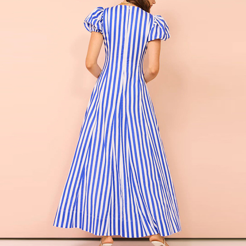 Sexy Deep V Pocket Swing Party Dress Women's Casual Puff Sleeves High Waist Dress Fashion Stripe Printed Slim Long Dress Vestido