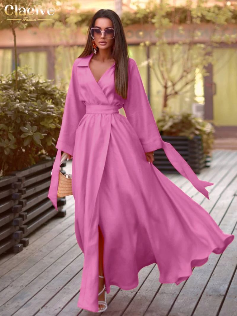 Clacive Fashion Loose Pink Linen Women's Dress Elegant Lapel Long Sleeve Ankle Length Dresses Casual Lace-Up Slit Female Dress