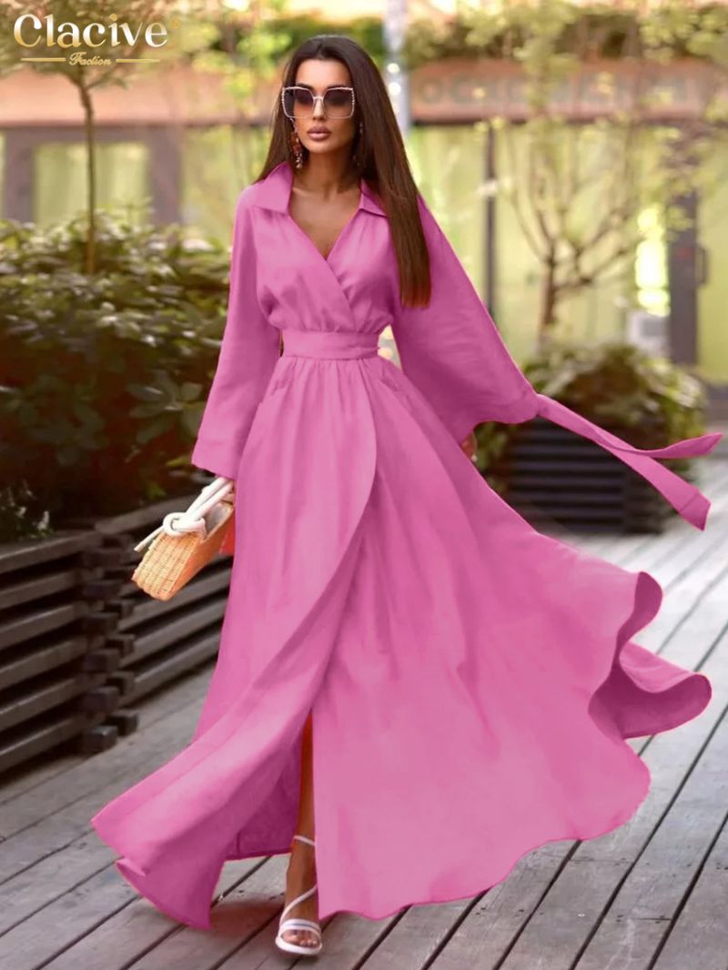 Clacive Fashion Loose Pink Linen Women's Dress Elegant Lapel Long Sleeve Ankle Length Dresses Casual Lace-Up Slit Female Dress