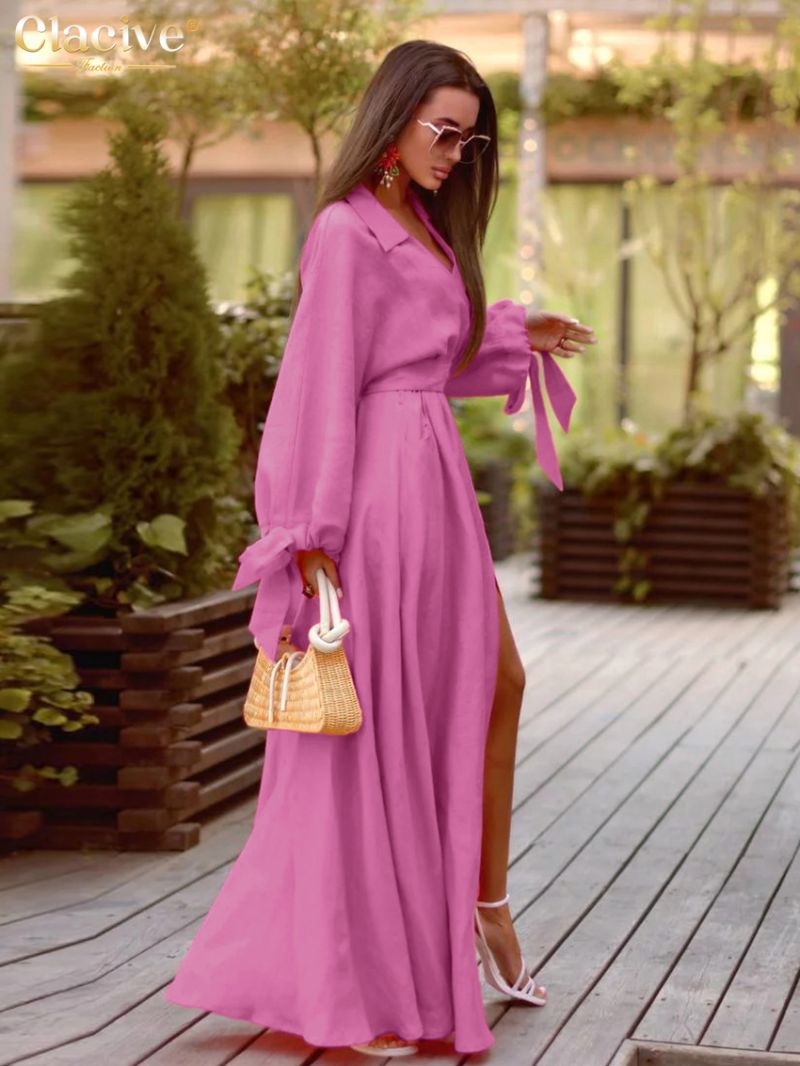 Clacive Fashion Loose Pink Linen Women's Dress Elegant Lapel Long Sleeve Ankle Length Dresses Casual Lace-Up Slit Female Dress