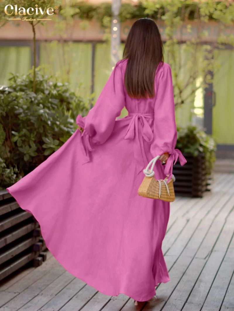 Clacive Fashion Loose Pink Linen Women's Dress Elegant Lapel Long Sleeve Ankle Length Dresses Casual Lace-Up Slit Female Dress