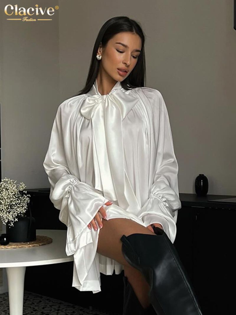 Clacive Casual Loose Black Satin Women's Dress 2024 Fashion Bow Collar Long Sleeve Emini Dresses Elegant Pleated Female Dress