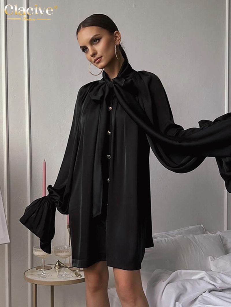 Clacive Casual Loose Black Satin Women's Dress 2024 Fashion Bow Collar Long Sleeve Emini Dresses Elegant Pleated Female Dress