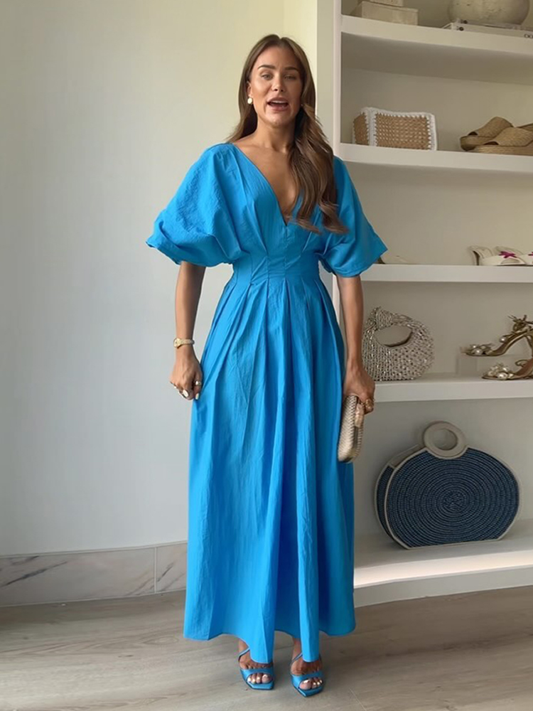 Elegant Solid Half Puff Sleeve Maxi Dress Women Fashion Loose High Waist Pleated Vestidos Summer Chic Office Lady Party Robes