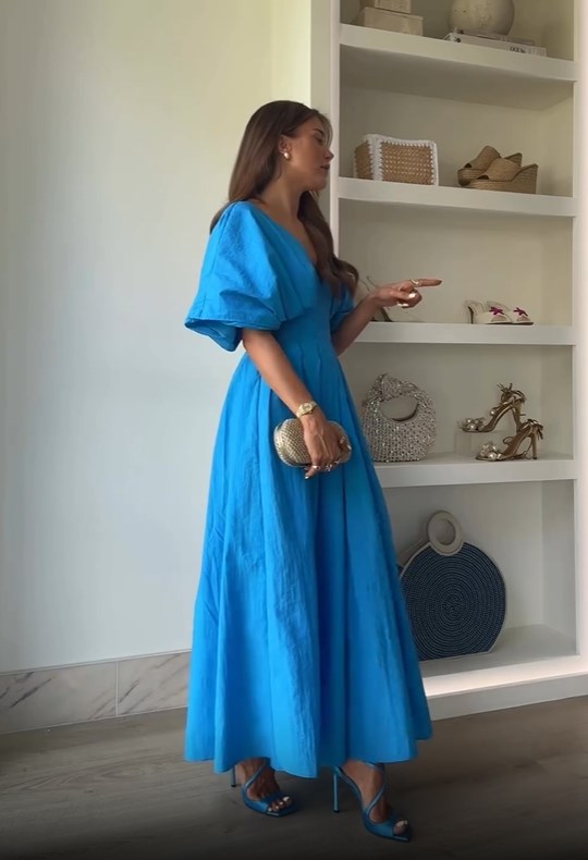 Elegant Solid Half Puff Sleeve Maxi Dress Women Fashion Loose High Waist Pleated Vestidos Summer Chic Office Lady Party Robes