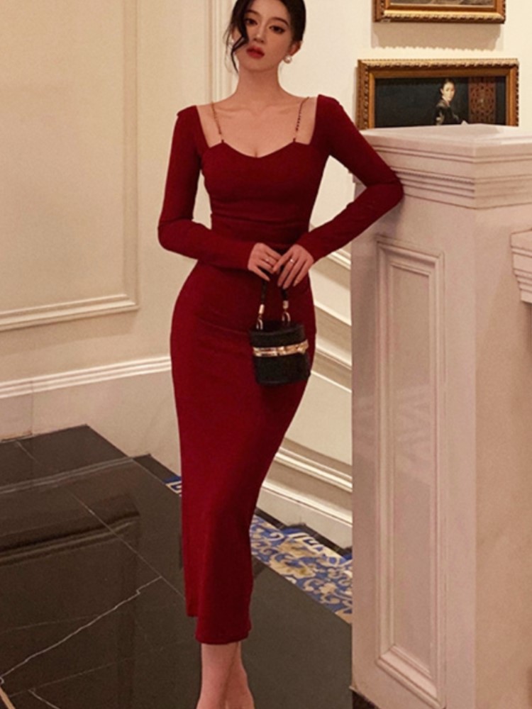 Elegant Red Bodycon Midi Dresses for Women Chain Square Collar Long Sleeves Slim Autumn New Fashion Slit Party Dress Prom Robe