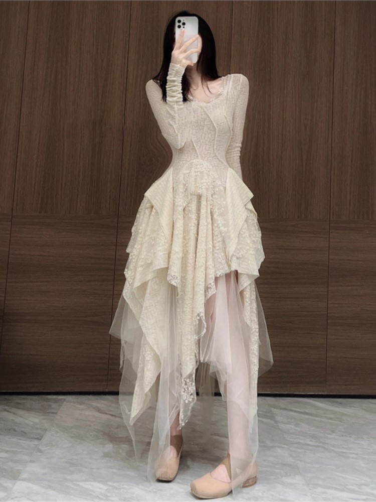 French Elegant Women's Vintage Dress 2022 Autumn Winter New Irregular Lace Splicing Evening Long Bridesmaid Party Dress