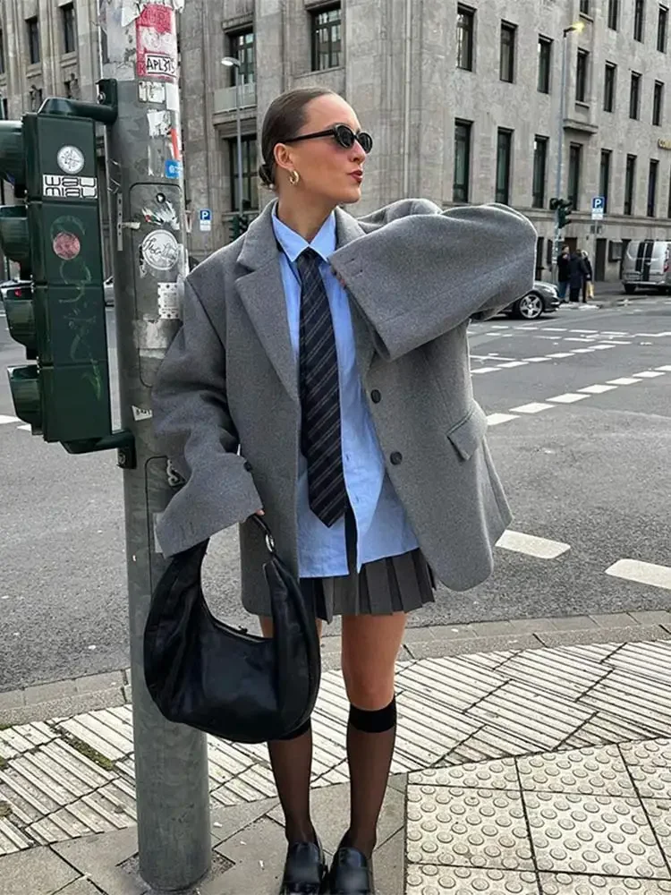 Women's Overtised Woolen Lapel Blazer Coat Female Long Sleeves Pocket Loose Suit Jacket 2024 New Casual Lady Outerwear