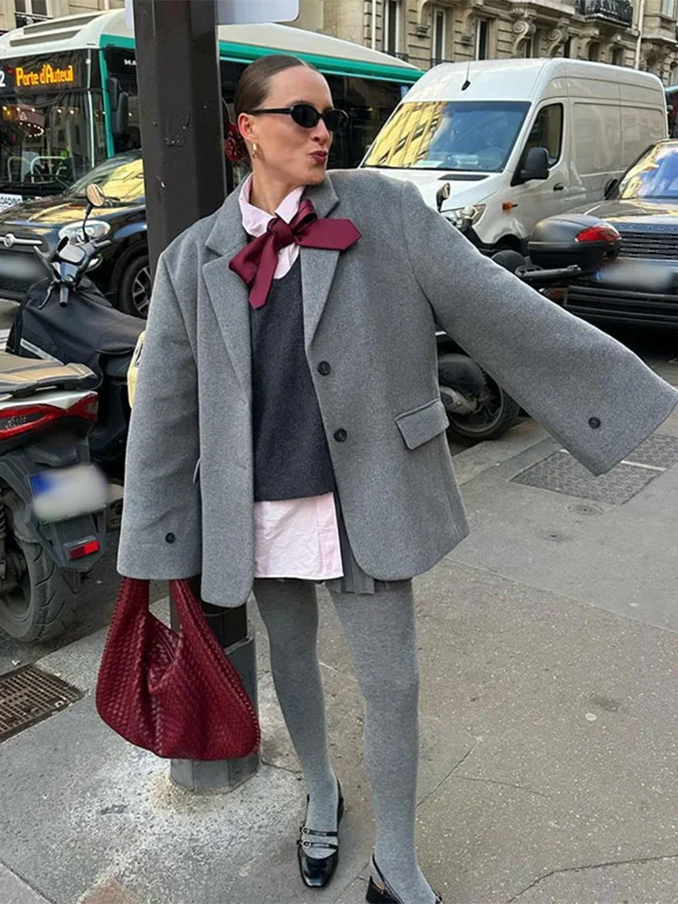 Women's Overtised Woolen Lapel Blazer Coat Female Long Sleeves Pocket Loose Suit Jacket 2024 New Casual Lady Outerwear