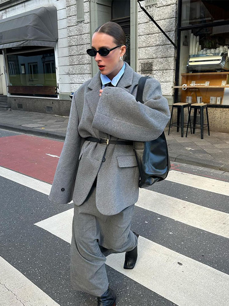 Women's Overtised Woolen Lapel Blazer Coat Female Long Sleeves Pocket Loose Suit Jacket 2024 New Casual Lady Outerwear