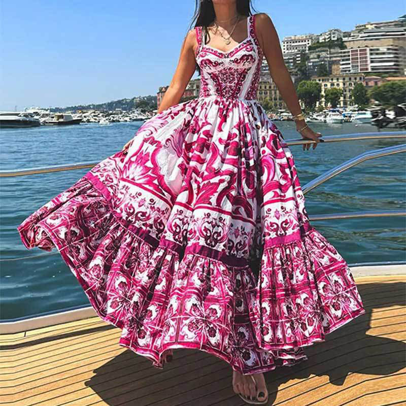 2024 New Summer Bohemian Women's Dress Sexy V Neck High Waist Pleated Beach Dress Fashion Floral Print Sleeveless Holiday Dress