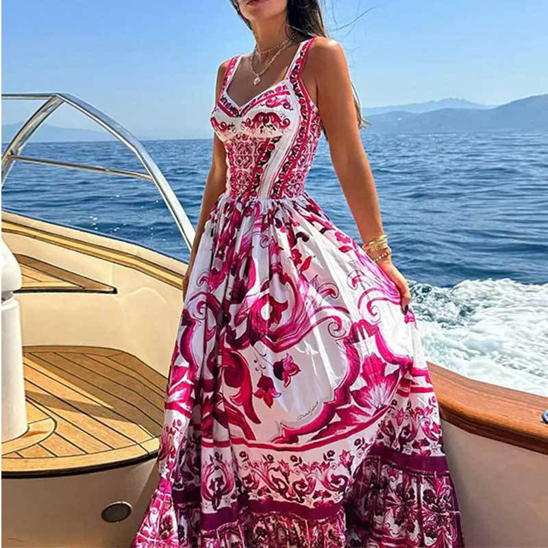 2024 New Summer Bohemian Women's Dress Sexy V Neck High Waist Pleated Beach Dress Fashion Floral Print Sleeveless Holiday Dress