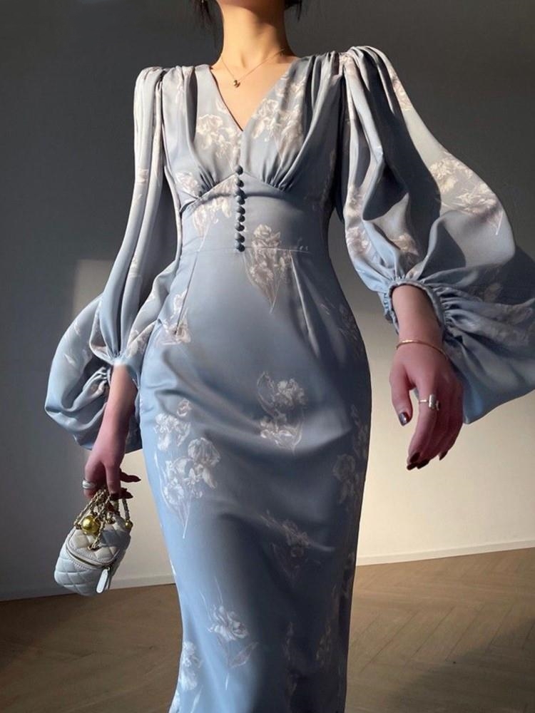 Elegant Bodycon Printing Mermaid Dresses for Women Summer New Slim V-neck Long Sleeve Runway Party Robe 2024 Female Vestidos