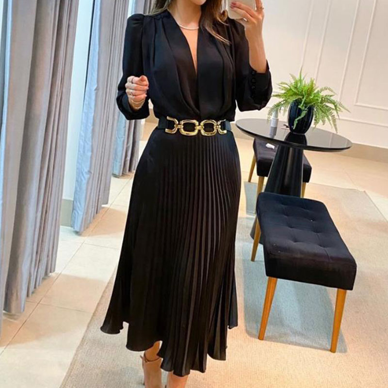 Lady Elegant V Neck Long Sleeved Party Dress Spring Autumn High Waist Pleated Commuting Dress Fashion Solid Slim A-line Dresses