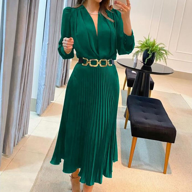 Lady Elegant V Neck Long Sleeved Party Dress Spring Autumn High Waist Pleated Commuting Dress Fashion Solid Slim A-line Dresses